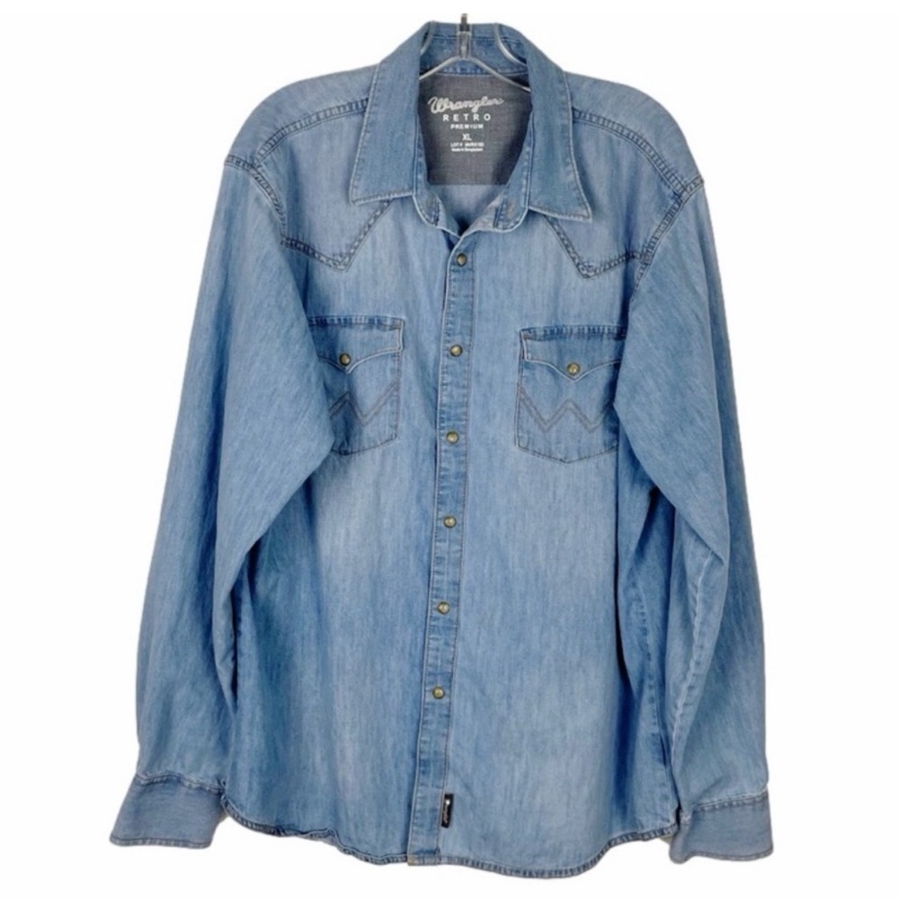 Wrangler Mens Premium Retro Denim Shirt Snap Down Size XL Faded Denim Color